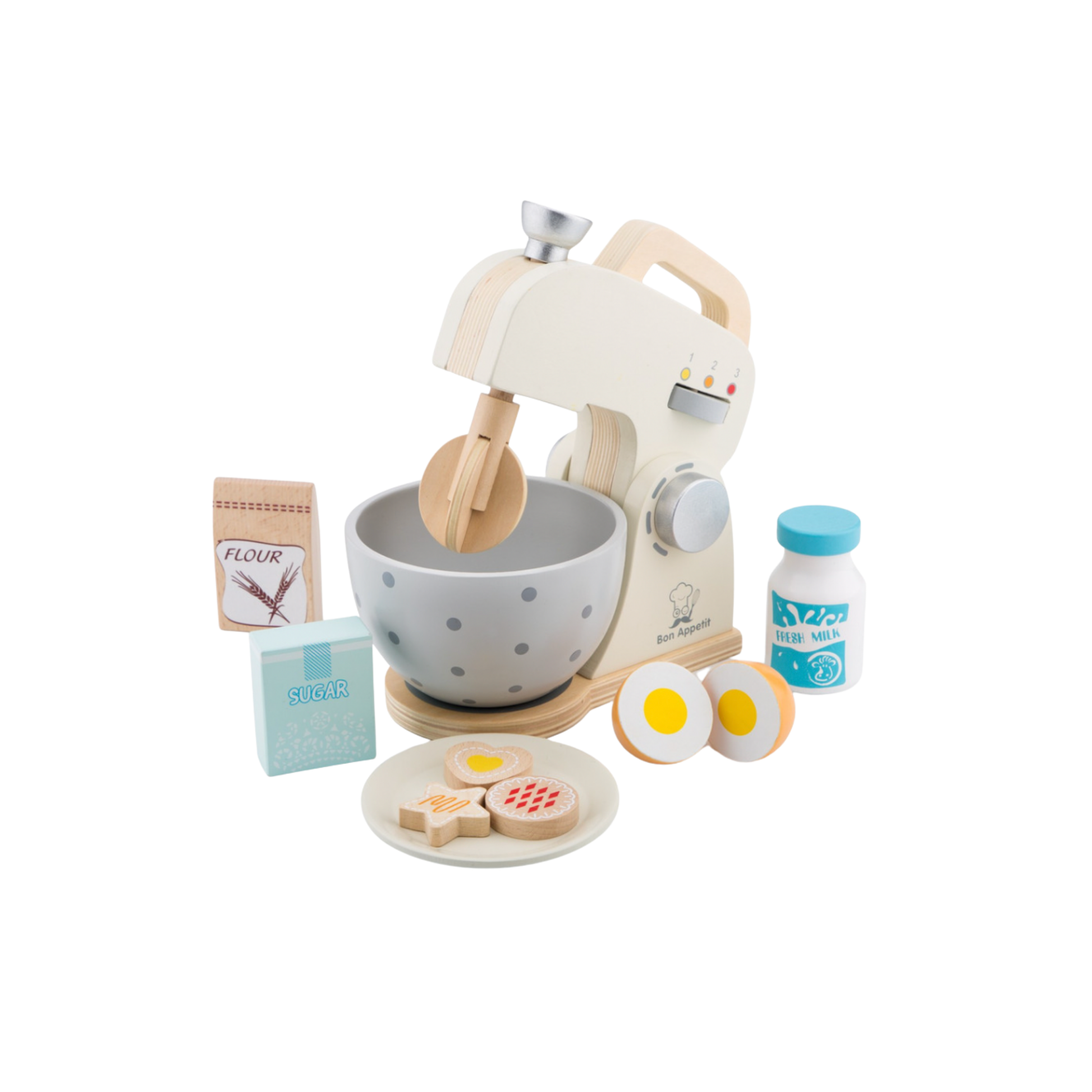 New Classic Toys wooden baking set angled front view with ingredients out of bowl