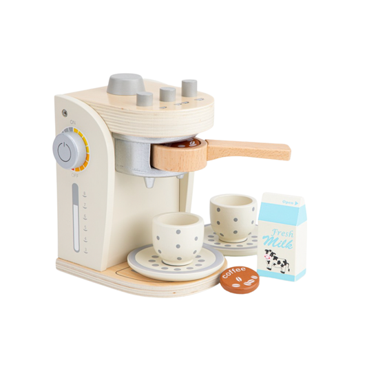 New Classic Toys wooden coffee machine angled front view with coffee in machine 