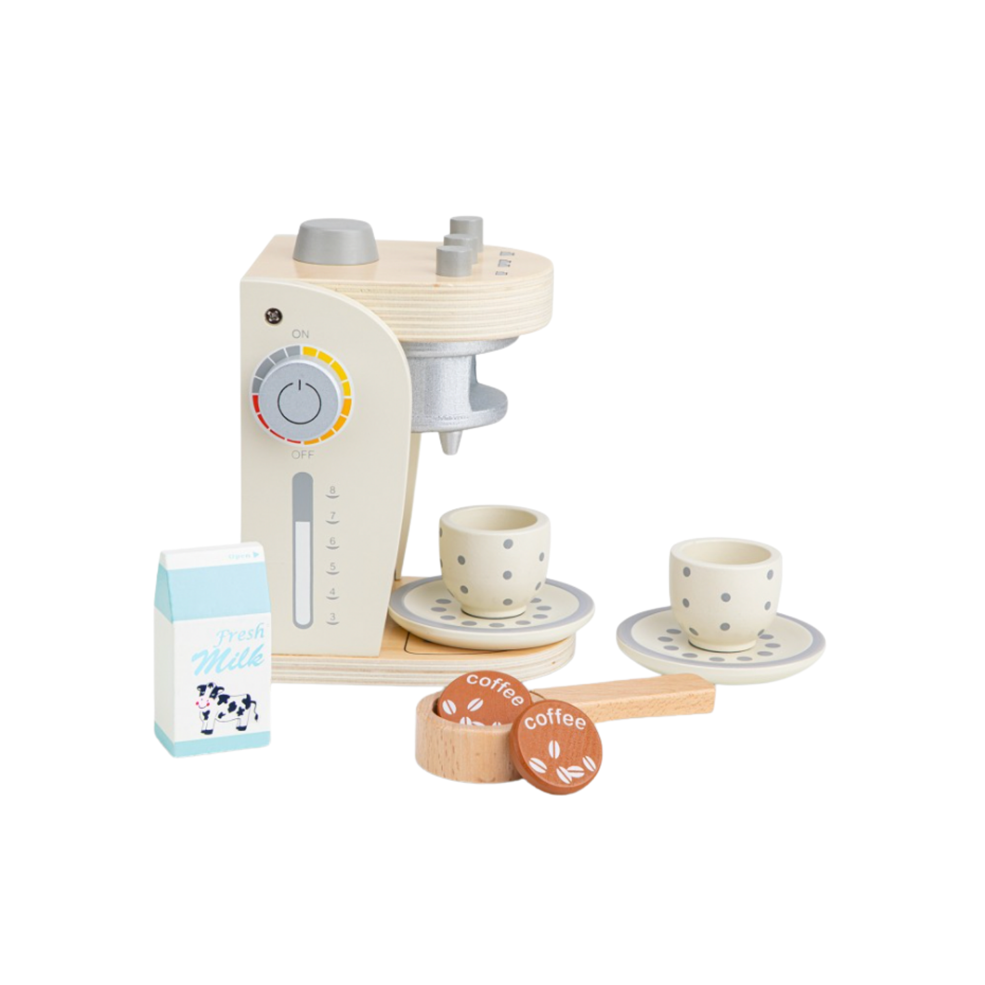 New Classic Toys wooden coffee machine side view with coffee and milk beside the machine