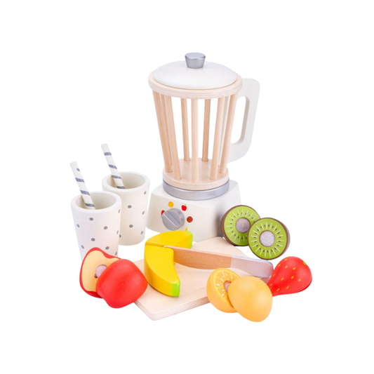 New Classic Toys wooden blender set front view with fruit on chopping board
