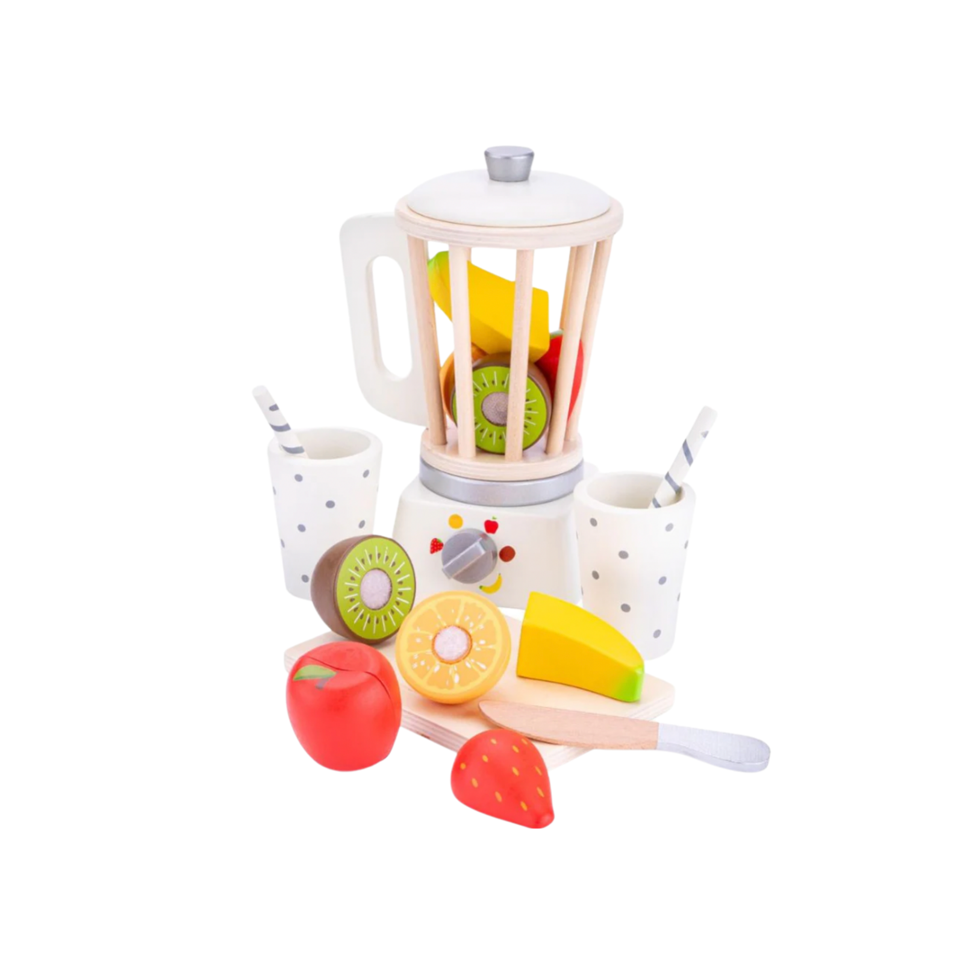New Classic Toys wooden blender set with fruit in blender and on chopping board