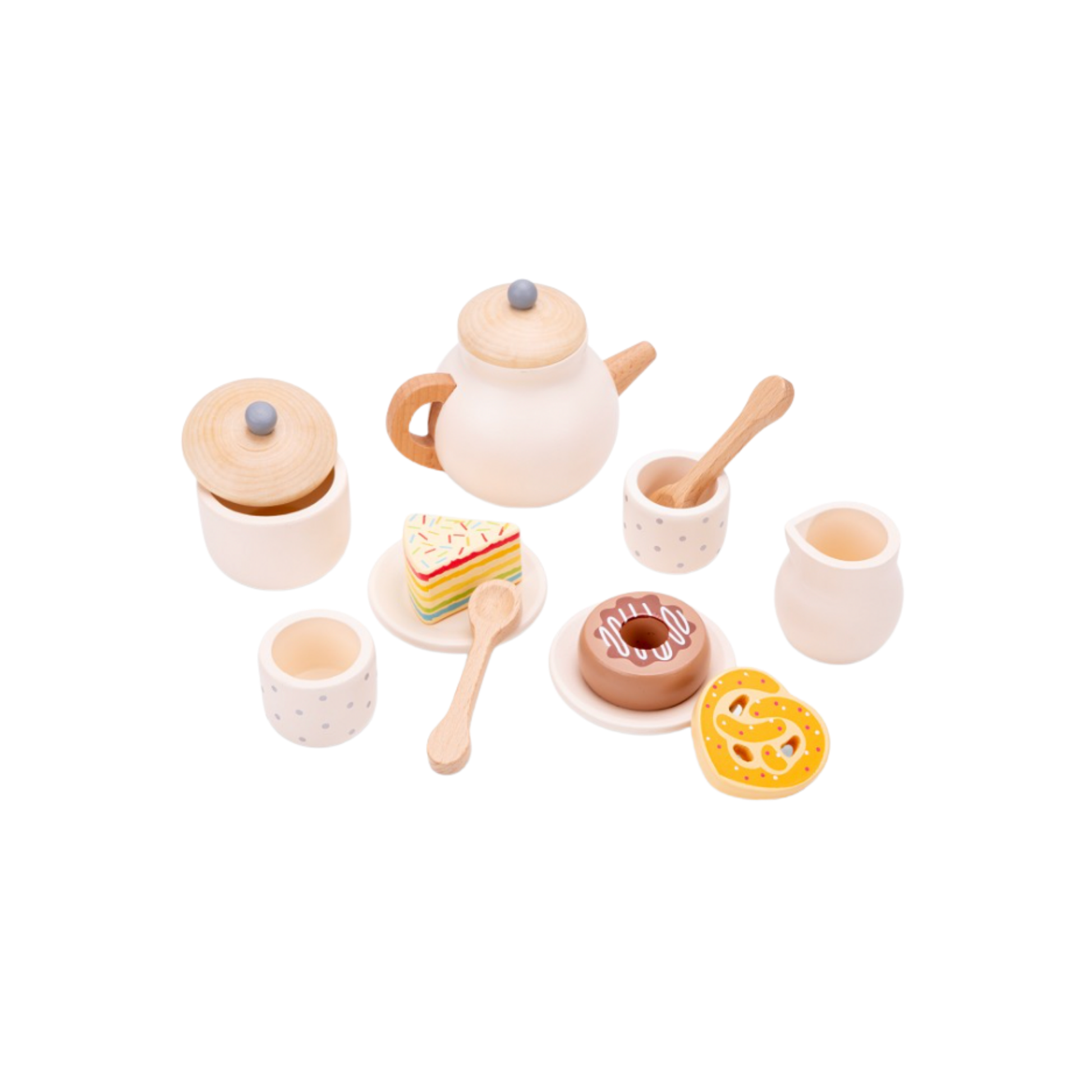 New Classic Toys wooden tea set angled top view with cakes and pasteries on plates.