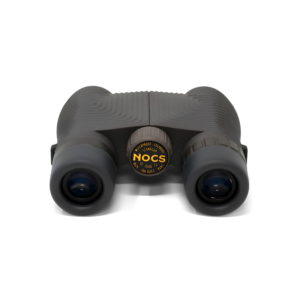 Facing the eyepieces of Nocs Provisions Binocular Standard Issue 8X25 Charcoal black that has multi-coated lenses and premium BaK4 prisms, waterproof, fogproof and compact.