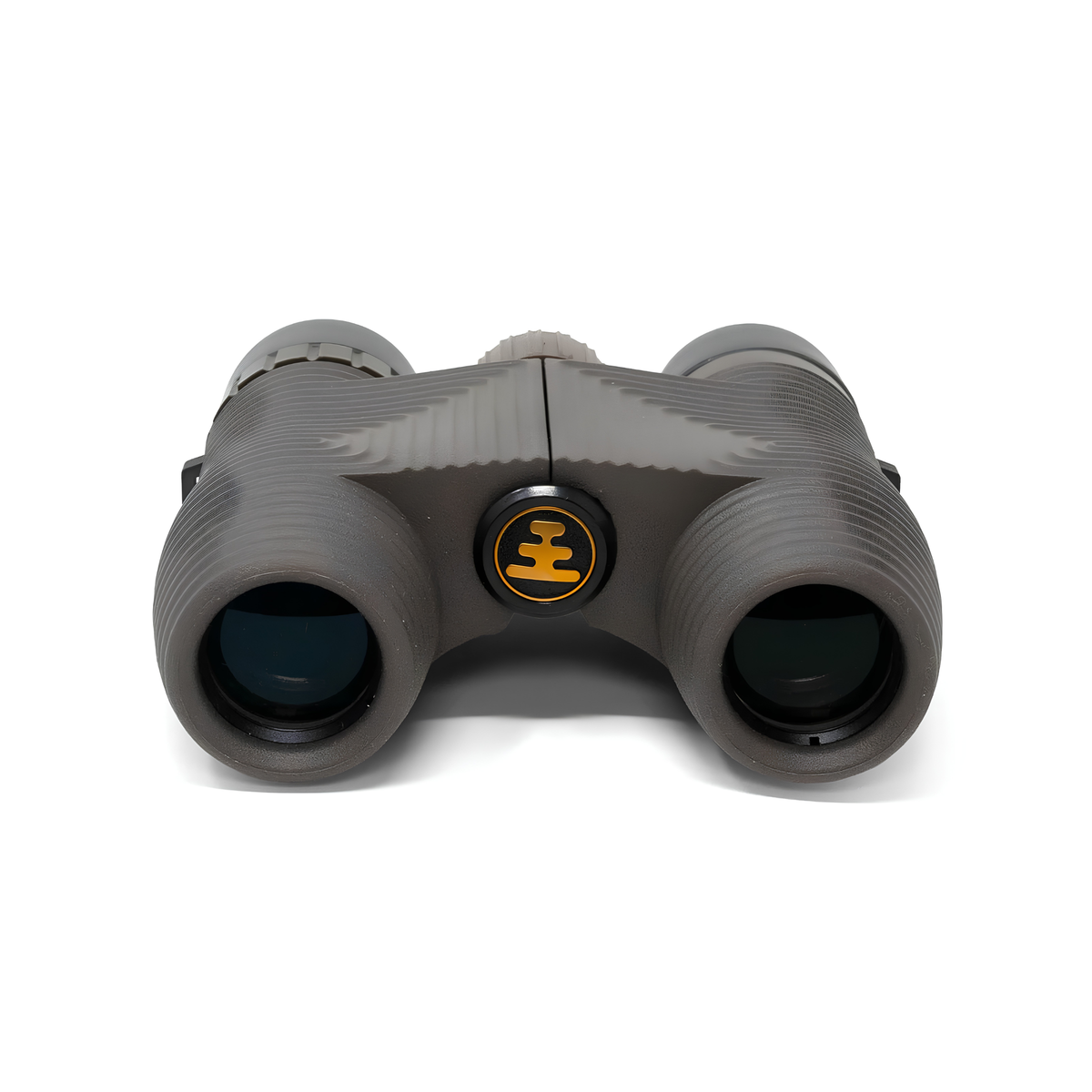 Front facing the lenses side of the Nocs Provisions Binocular Standard Issue 8X25 Charcoal black that has multi-coated lenses and premium BaK4 prisms, waterproof, fogproof and compact.