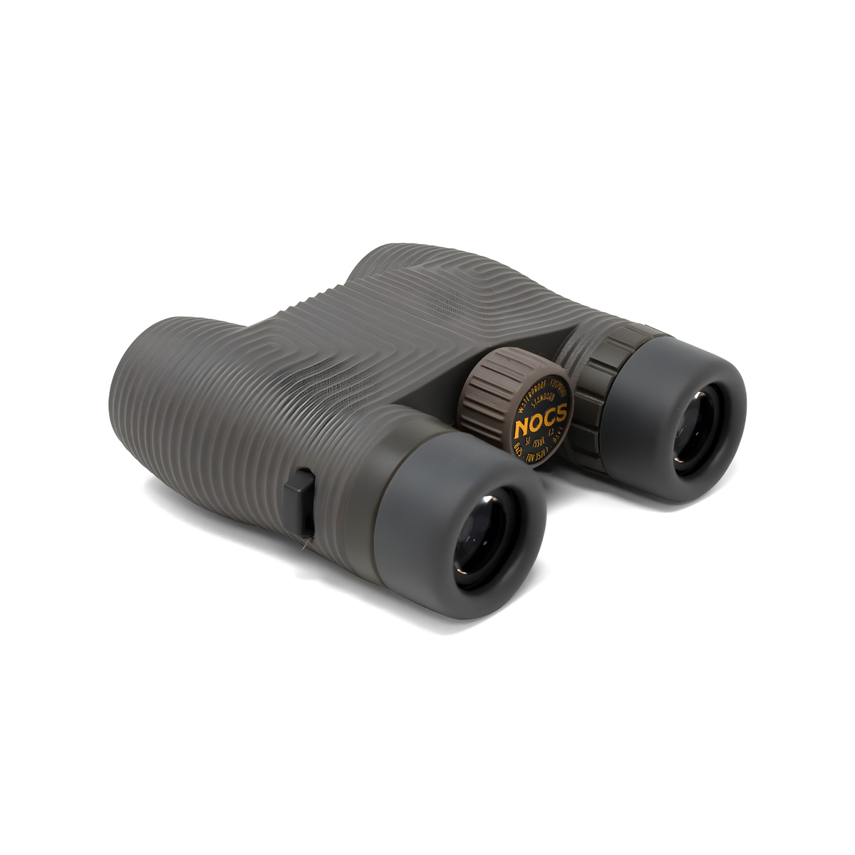 Semi side view of the Nocs Provisions Binocular Standard Issue 8X25 Charcoal black that has multi-coated lenses and premium BaK4 prisms, waterproof, fogproof and compact.