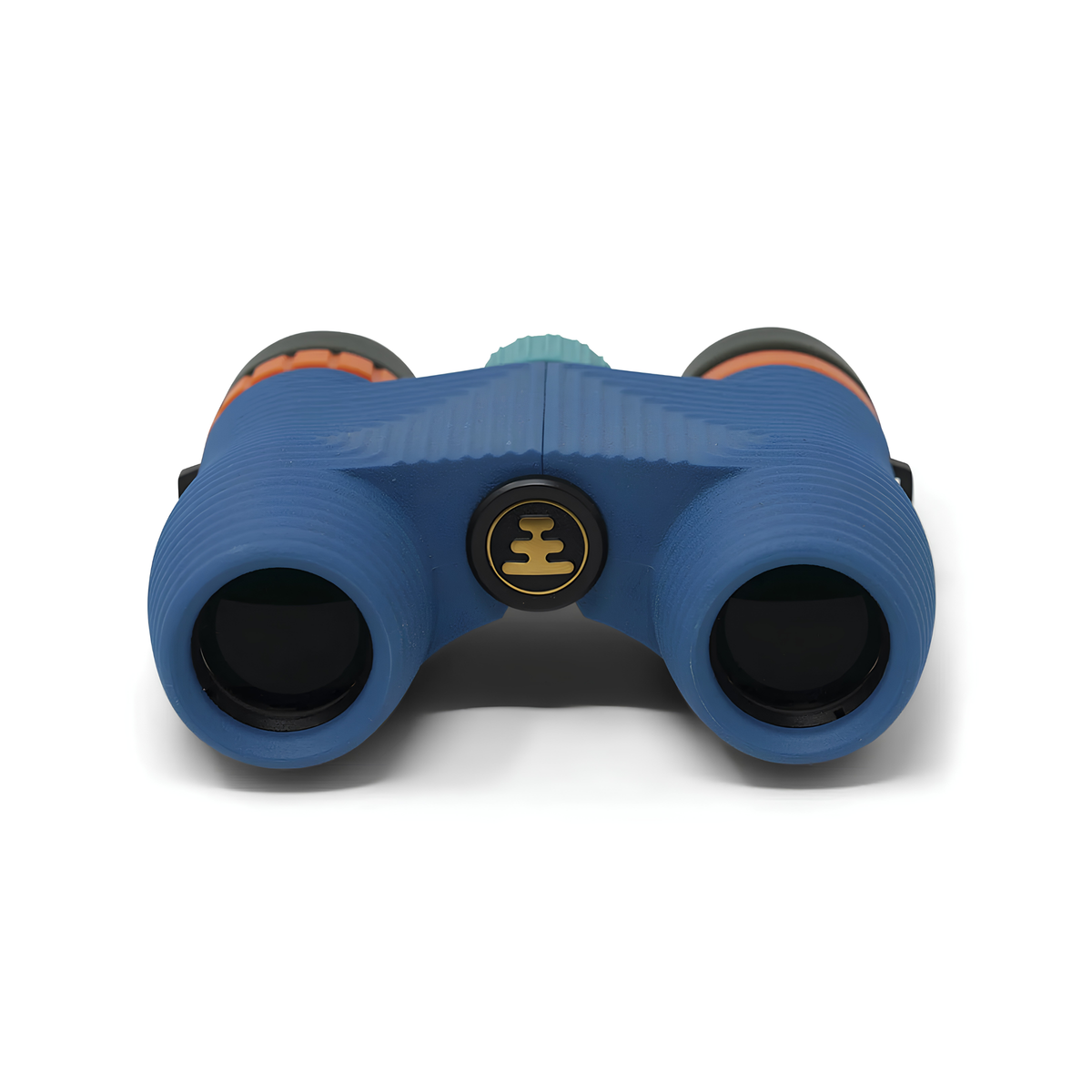 Facing the lenses of the Nocs Provisions Binocular Standard Issue 8X25 Cobalt Blue that has multi-coated lenses and premium BaK4 prisms, waterproof, fogproof and compact.