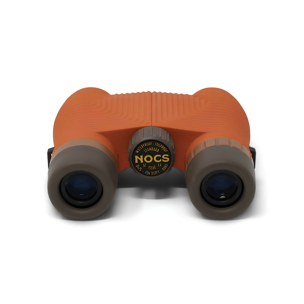 Facing the eyepieces side of Nocs Provisions Binocular Standard Issue 8X25 Poppy Orange that has multi-coated lenses and premium BaK4 prisms, waterproof, fogproof and compact.