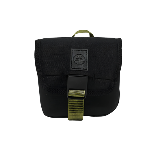 Front view of Nocs Provisions Binocular Standard Issue Pouch in charcoal black, recycled abrasion-resistant fabric with secure NocLoc closure, universal strap attachments and internal storage pocket, for a 25mm binocular.
