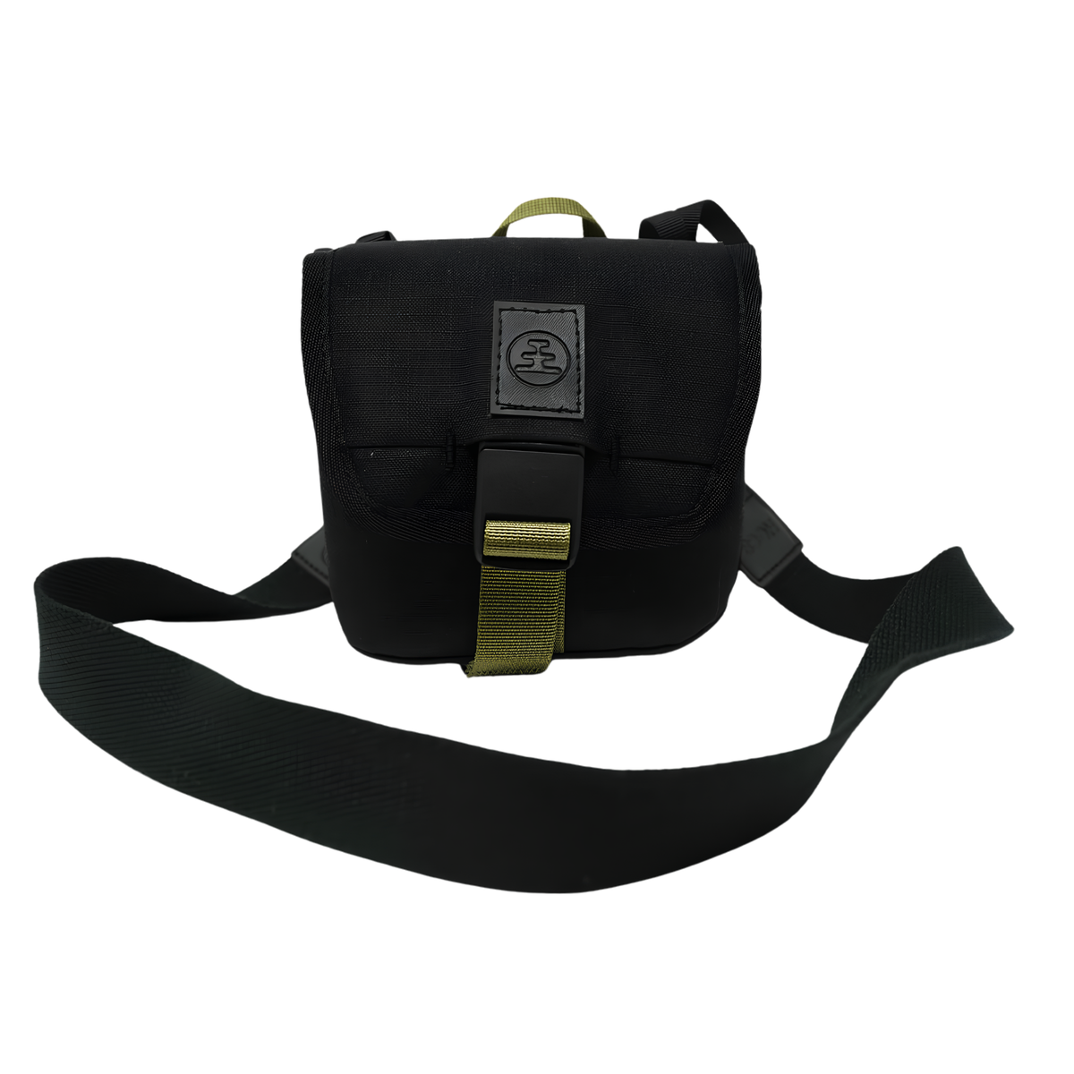 Front view with the strap of Nocs Provisions Binocular Standard Issue Pouch in charcoal black, recycled abrasion-resistant fabric with secure NocLoc closure, universal strap attachments and internal storage pocket, for a 25mm binocular.