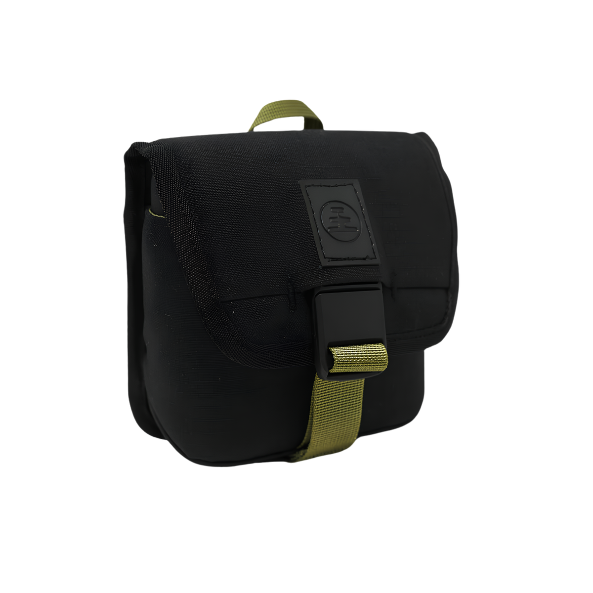 Semi side view of Nocs Provisions Binocular Standard Issue Pouch in charcoal black, recycled abrasion-resistant fabric with secure NocLoc closure, universal strap attachments and internal storage pocket, for a 25mm binocular.