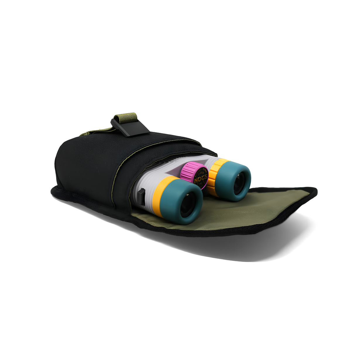 Lying and open Nocs Provisions Binocular Standard Issue Pouch in charcoal black, recycled abrasion-resistant fabric with secure NocLoc closure, universal strap attachments and internal storage pocket, for a 25mm binocular.