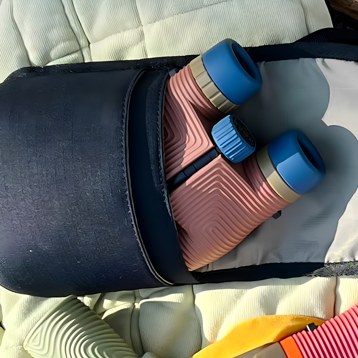 Lying and open with the binocular, Nocs Provisions Binocular Standard Issue Pouch in charcoal black, recycled abrasion-resistant fabric with secure NocLoc closure, universal strap attachments and internal storage pocket, for a 25mm binocular.