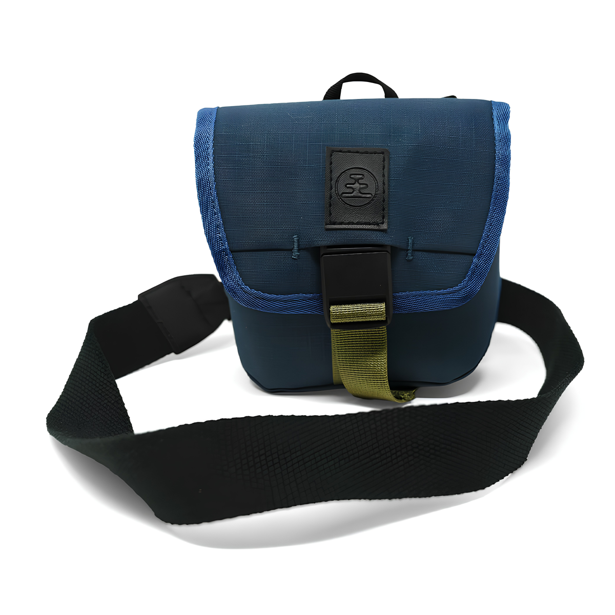 Front view with the strap of Nocs Provisions Binocular Standard Issue Pouch in harbor blue, recycled abrasion-resistant fabric with secure NocLoc closure, universal strap attachments and internal storage pocket, ideal for 25mm binocular.