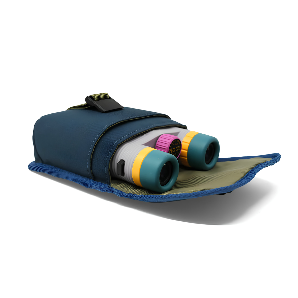Lying and open Nocs Provisions Binocular Standard Issue Pouch in harbor blue, recycled abrasion-resistant fabric with secure NocLoc closure, universal strap attachments and internal storage pocket, ideal for 25mm binocular.