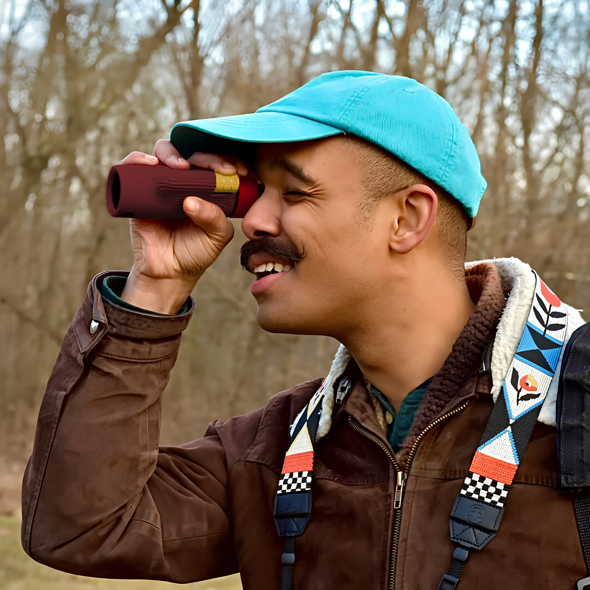 A man in the woods using the Nocs Provisions Monocular Zoom Tube 8X32 Ember red that has fully multi-coated optics, premium BaK4, high quality optical glass, water resistant and compact.