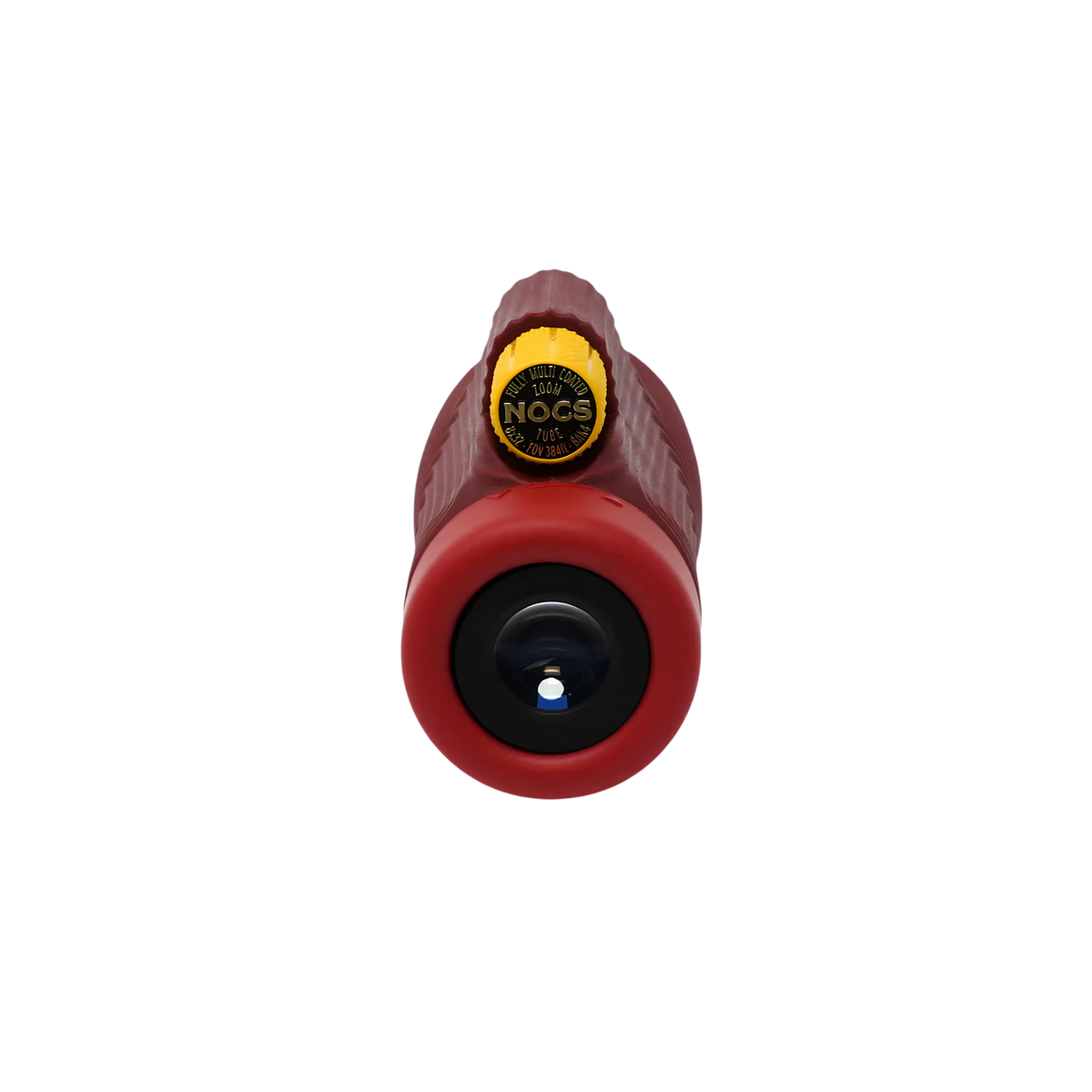 Facing the eyepiece side of Nocs Provisions Monocular Zoom Tube 8X32 Ember red that has fully multi-coated optics, premium BaK4, high quality optical glass, water resistant and compact.