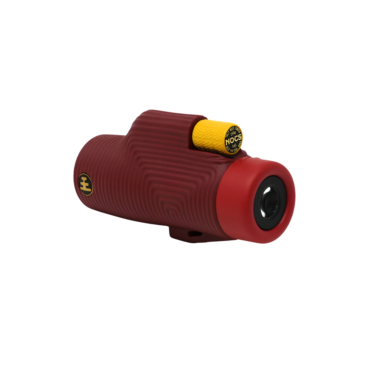Side view of Nocs Provisions Monocular Zoom Tube 8X32 Ember red that has fully multi-coated optics, premium BaK4, high quality optical glass, water resistant and compact.