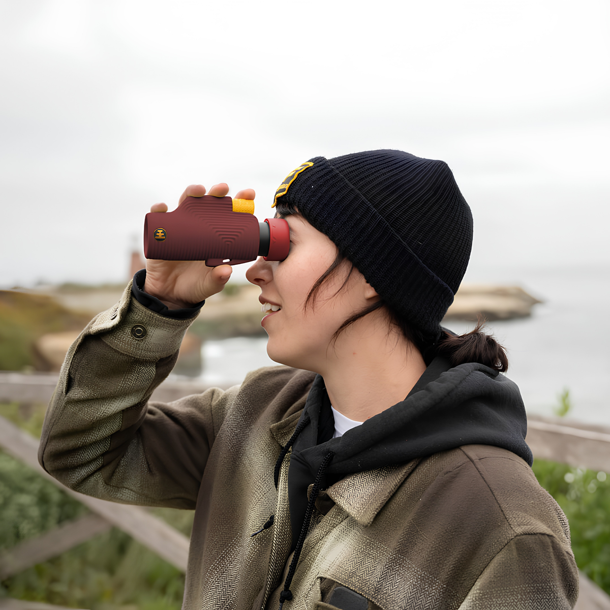 A woman shown using the Nocs Provisions Monocular Zoom Tube 8X32 Ember red that has fully multi-coated optics, premium BaK4, high quality optical glass, water resistant and compact.