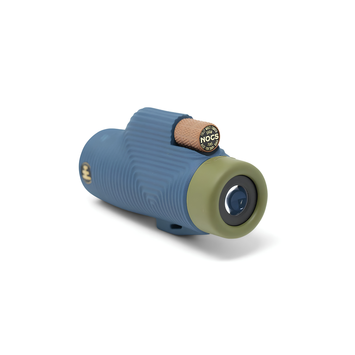 Semi side view of Nocs Provisions Monocular Zoom Tube 8X32 Indigo Blue that has fully multi-coated optics, premium BaK4, high quality optical glass, water resistant and compact.