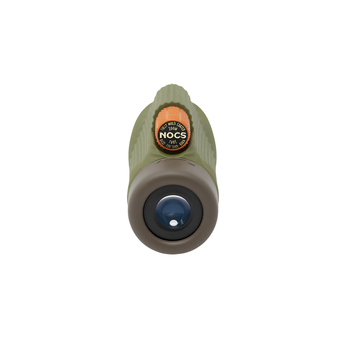 Facing the eyepiece of the Nocs Provisions Monocular Zoom Tube 8X32 Juniper Green that has fully multi-coated optics, premium BaK4, high quality optical glass, water resistant and compact.