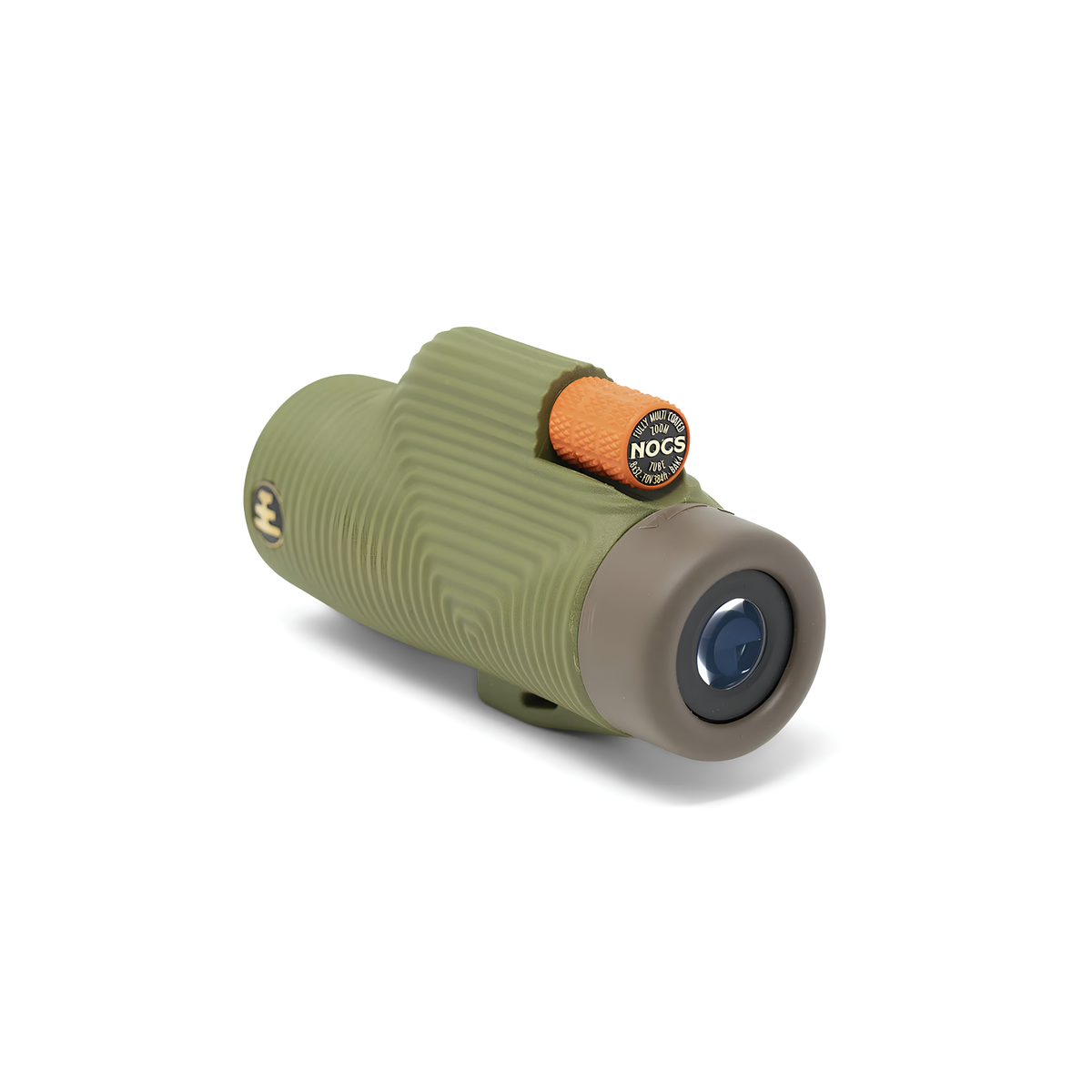Semi side view of Nocs Provisions Monocular Zoom Tube 8X32 Juniper Green that has fully multi-coated optics, premium BaK4, high quality optical glass, water resistant and compact.
