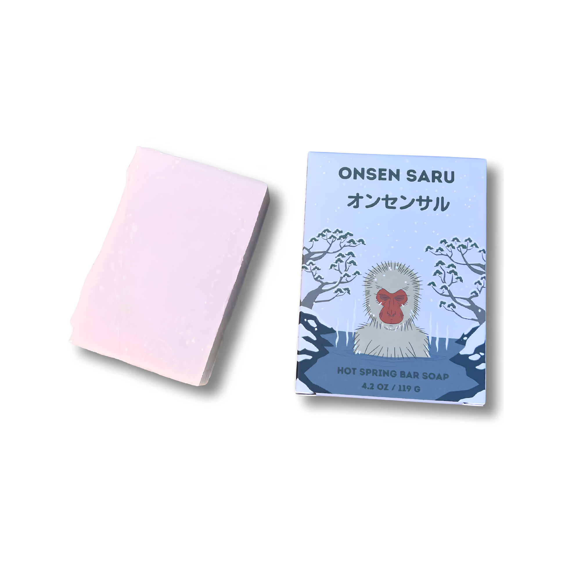 Soap and packaging from Onsen Saru Hot Spring Bar Soap from the Japanese Matsu Pine, Cedar wood, and snow with the Himalayan pink salt, oils and shea butter.