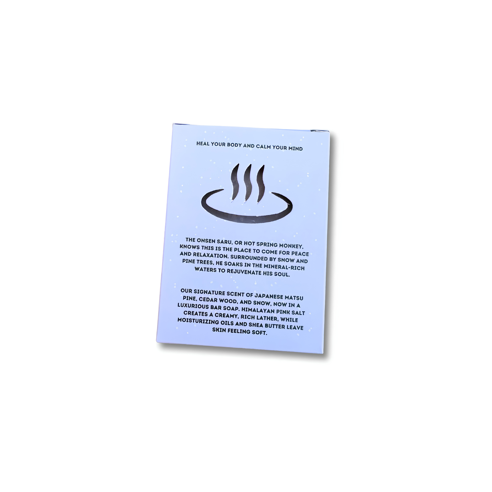 Back view of the packaging from Onsen Saru Hot Spring Bar Soap from the Japanese Matsu Pine, Cedar wood, and snow with the Himalayan pink salt, oils and shea butter.