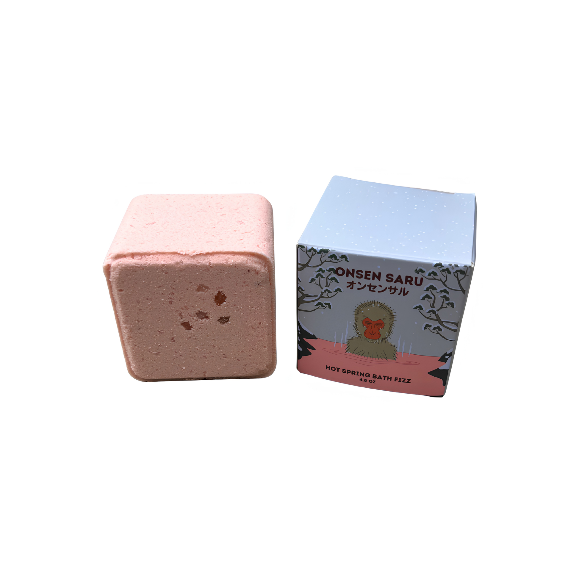 Another image for the front view of the box and the soap from Onsen Saru Hot Spring Bath Fizz that has blend of sea salts, magnesium and pink kaolin clay, a 2 inch cube wrapped in biodegradable Biolefin.