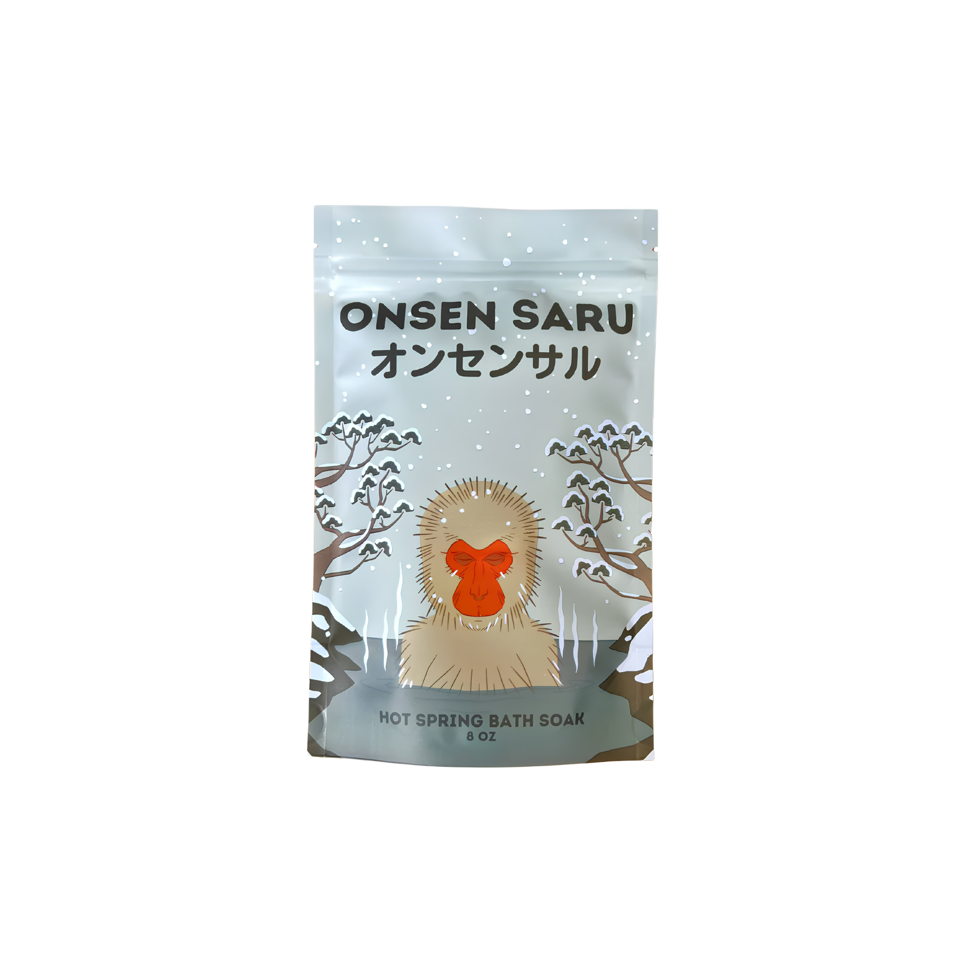 Front view of the packaging from Onsen Saru Hot Spring Bath Soak with soothing blend of sea salts, magnesium flakes, Scent of Japanese Matsu Pine, Cedarwood and Snow, 8oz resealable bag
