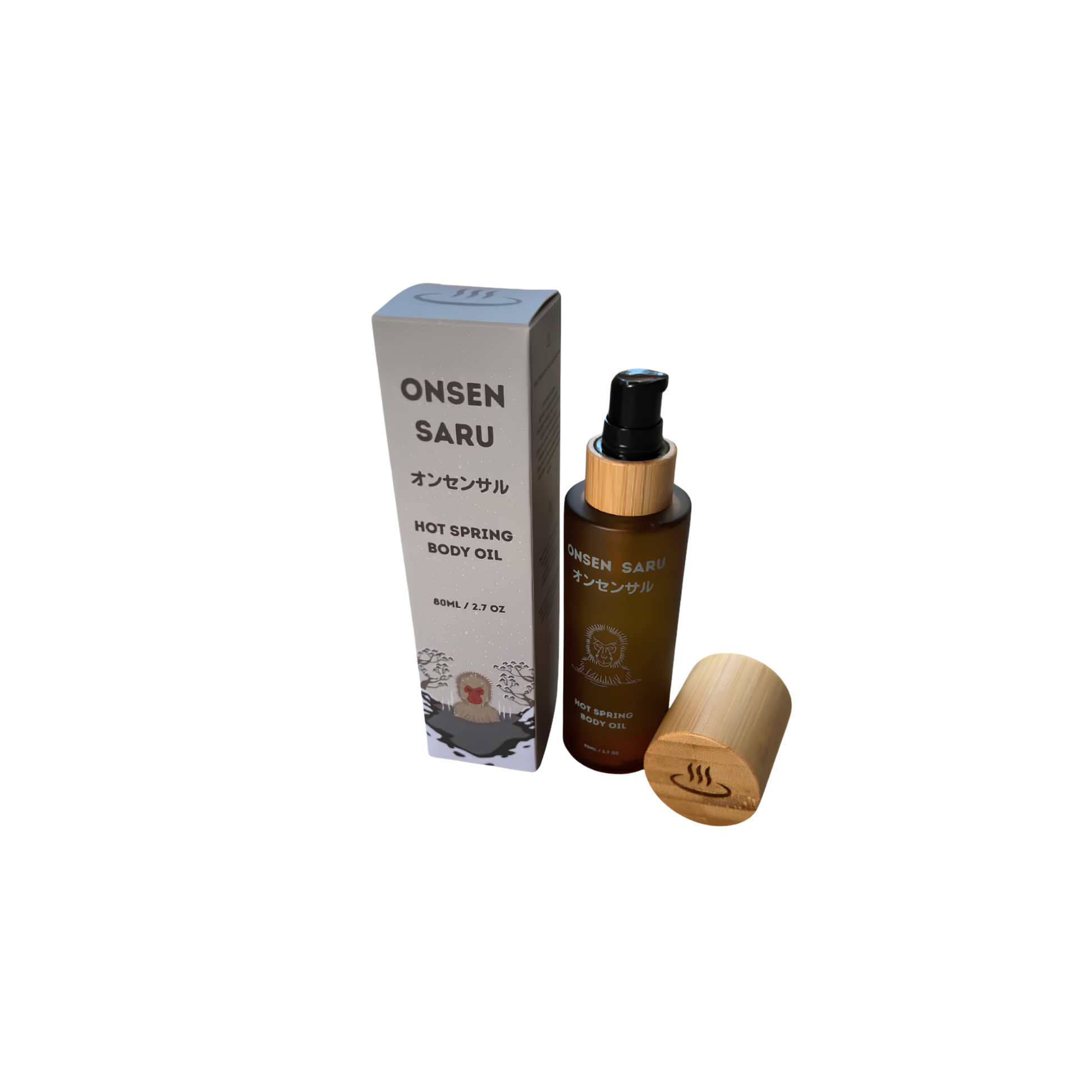 Packaging and open Onsen Saru Hot Spring Body Oil frosted amber glass bottle with black pump and bamboo collar.