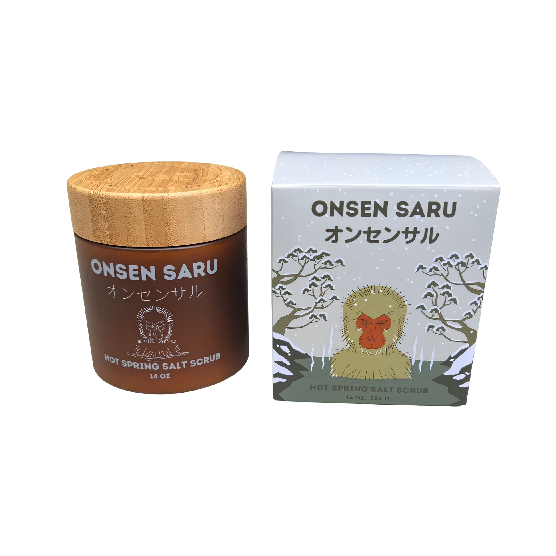 Front view of the packaging and the Onsen Saru Hot Spring Salt Scrub 14oz jar, frosted amber plastic, engraved bamboo lid and cardboard box