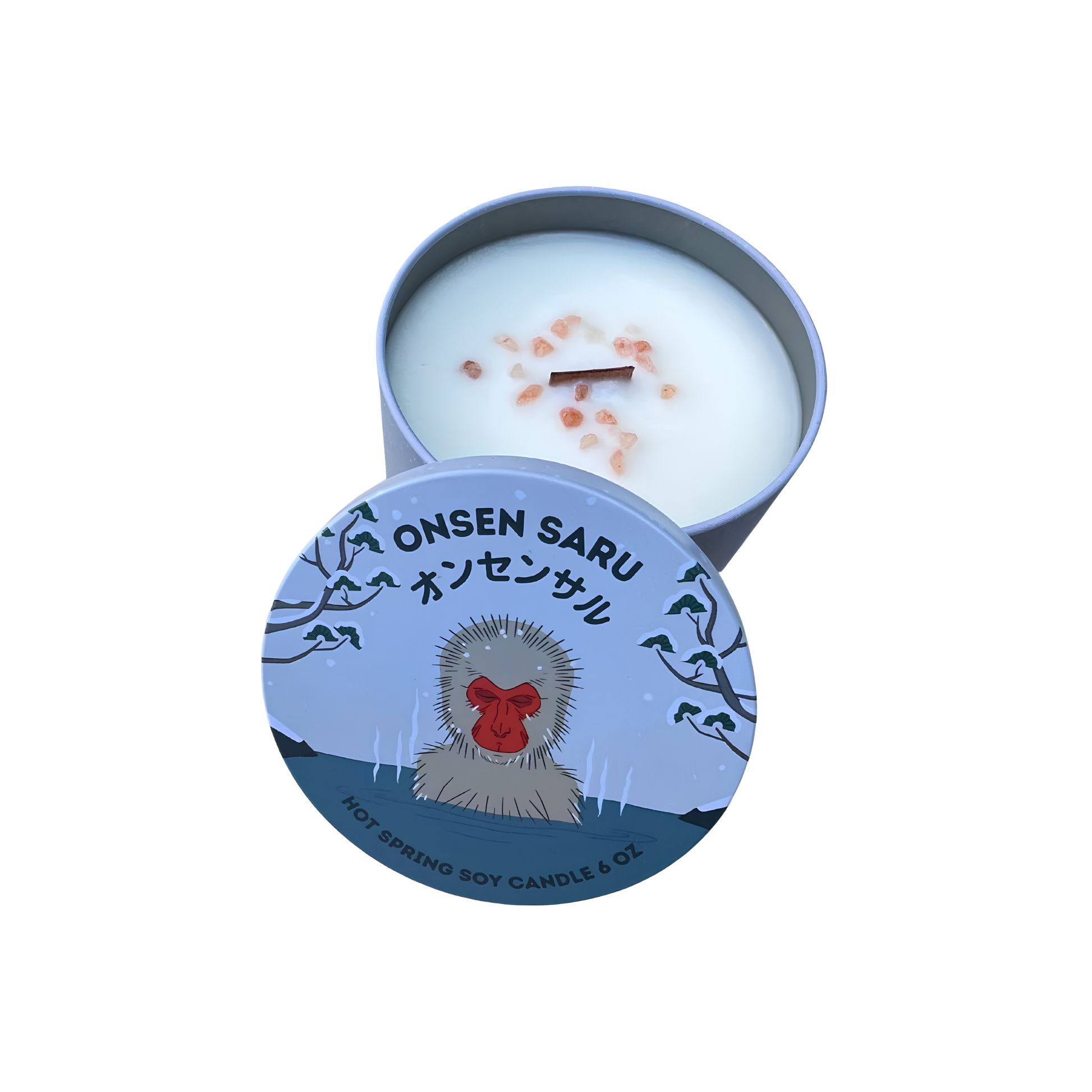 Open Onsen Saru Hot Spring Soy Candle all natural soy wax, non-crackling wood wick, essential oils, tin measures 3 inches by 2.25