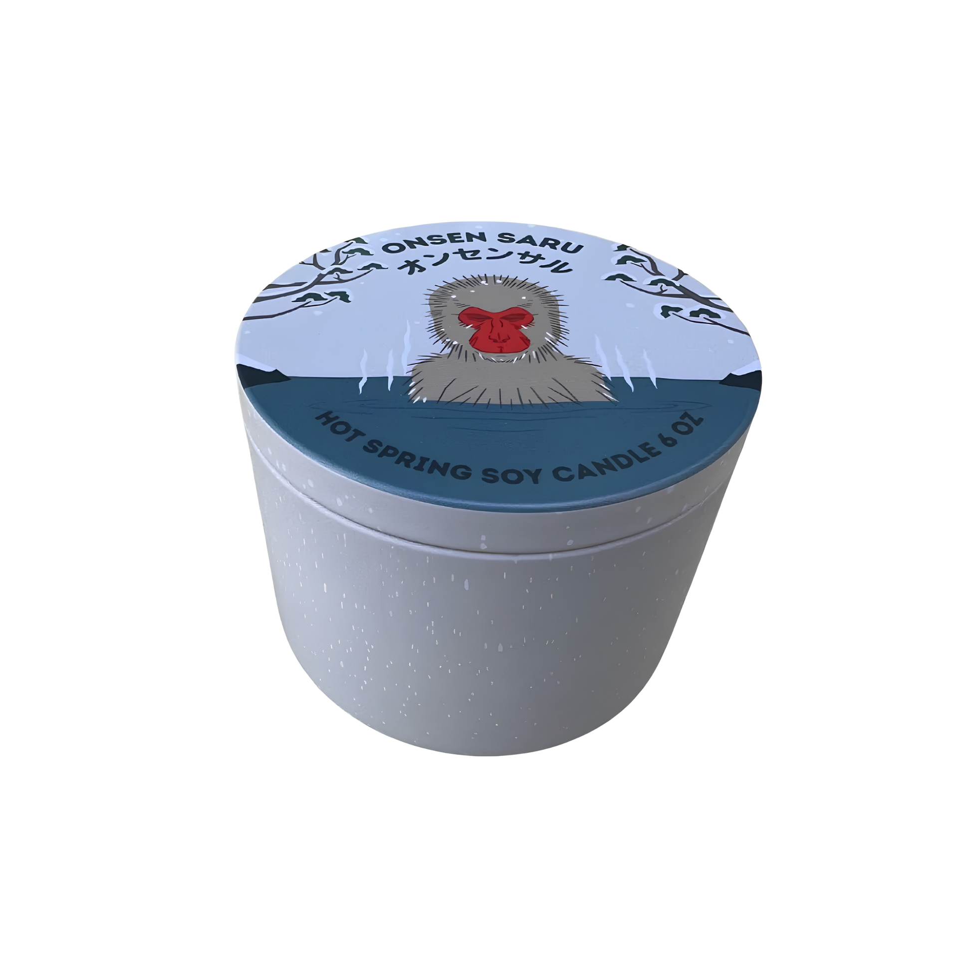 Semi top view of the Onsen Saru Hot Spring Soy Candle all natural soy wax, non-crackling wood wick, essential oils, tin measures 3 inches by 2.25
