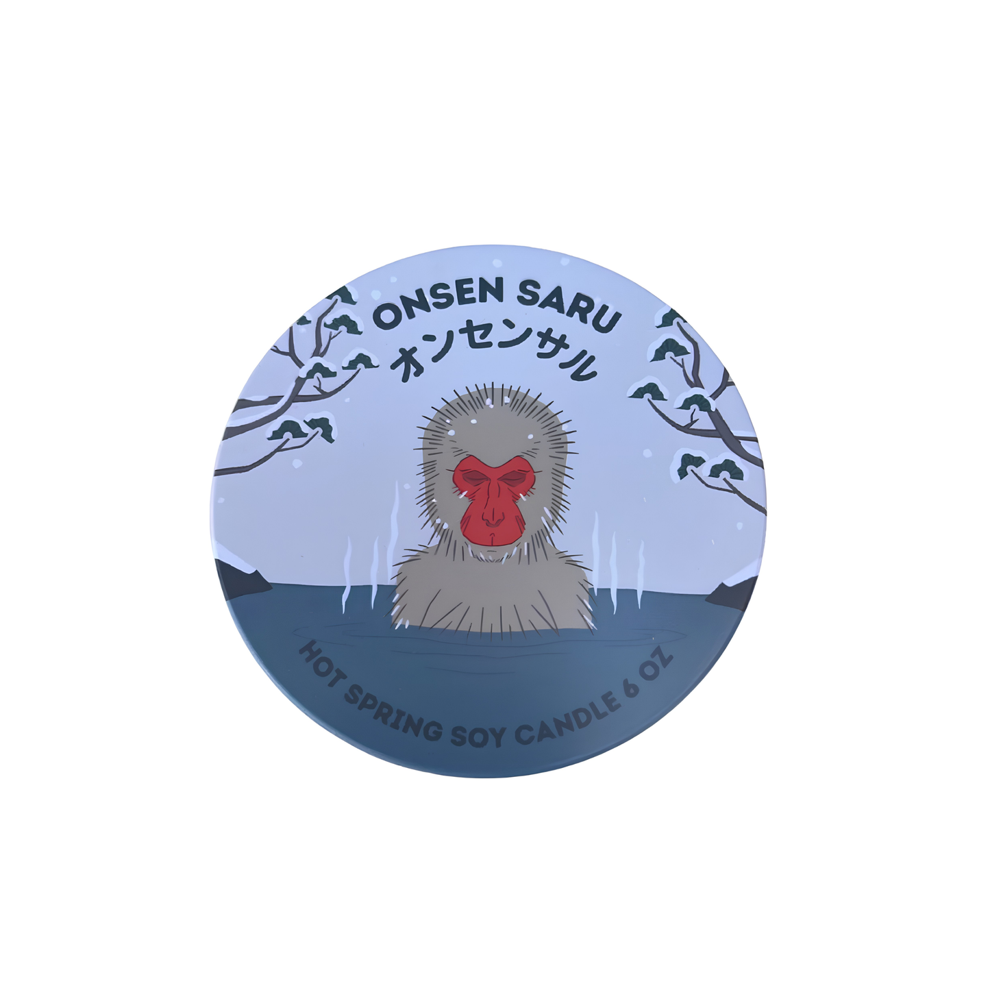 Cover of the Onsen Saru Hot Spring Soy Candle all natural soy wax, non-crackling wood wick, essential oils, tin measures 3 inches by 2.25