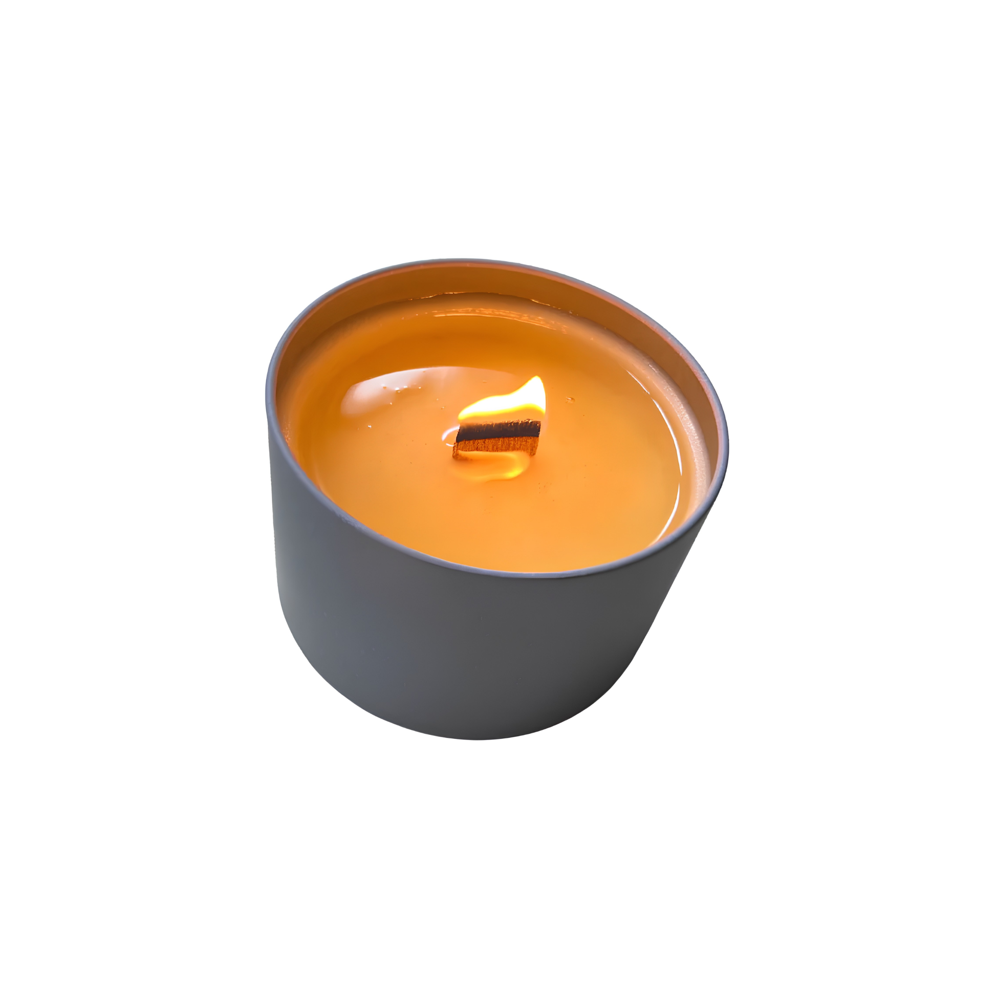 With wick lit on from the Onsen Saru Hot Spring Soy Candle all natural soy wax, non-crackling wood wick, essential oils, tin measures 3 inches by 2.25