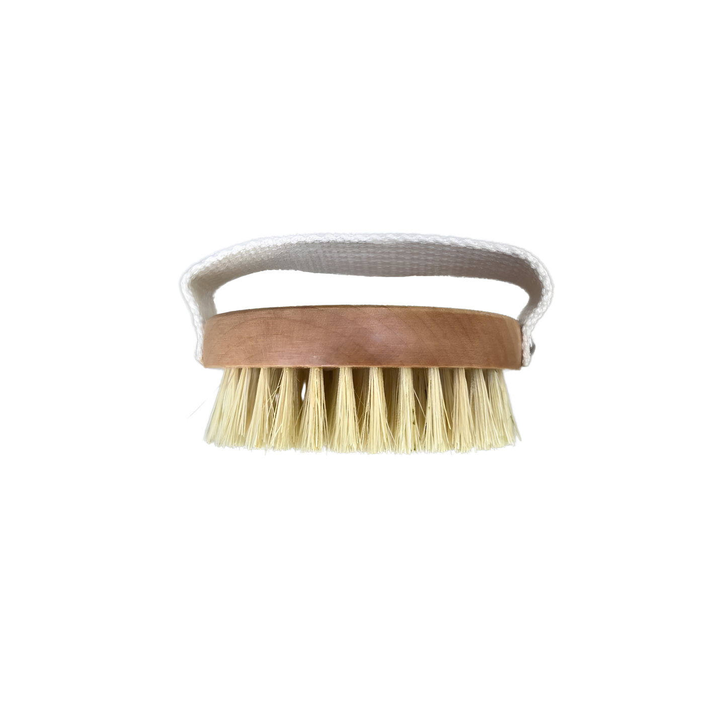 Downward side view of the Onsen Saru Sisal Dry Brush white pine base with sisal bristles, natural cotton webbing, engraved text logo and comes with mesh drawstring pouch.