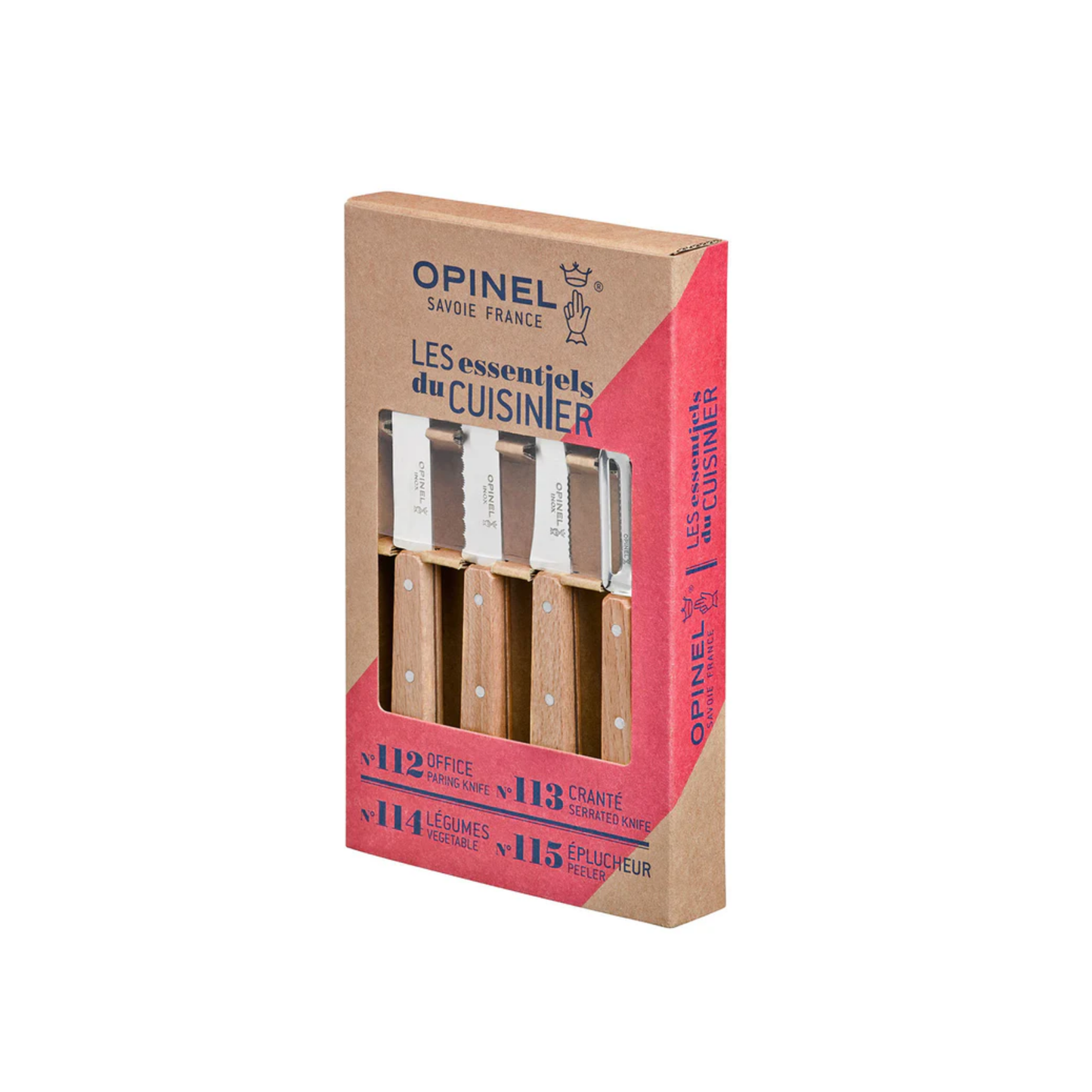 Box with 4 knives from Opinel Les Essentiels Kitchen Utility 4PC Set - Stainless steel kitchen knife set with hornbeam wood handles - Includes paring knife, serrated paring knife, vegetable knife, and peeler for versatile meal prep - Durable French-made cutlery set ideal for slicing, peeling, and garnishing fruits and vegetables - Essential kitchen tool set combining quality craftsmanship and everyday use
