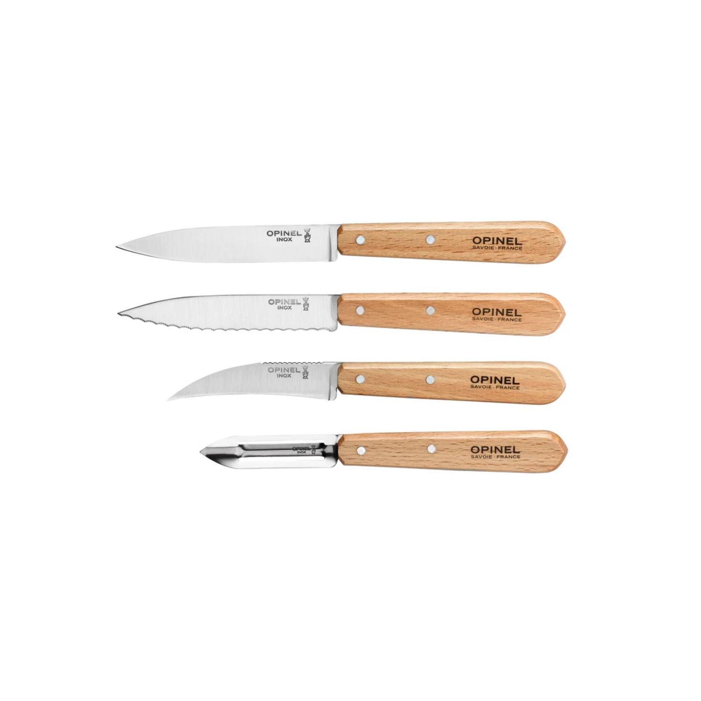 The four knives from Opinel Les Essentiels Kitchen Utility 4PC Set - Stainless steel kitchen knife set with hornbeam wood handles - Includes paring knife, serrated paring knife, vegetable knife, and peeler for versatile meal prep - Durable French-made cutlery set ideal for slicing, peeling, and garnishing fruits and vegetables - Essential kitchen tool set combining quality craftsmanship and everyday use.