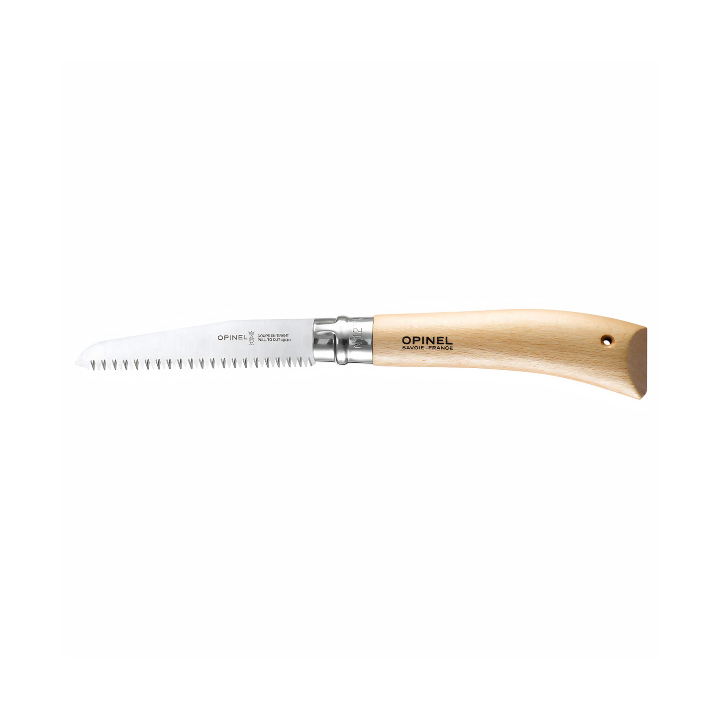 Side view of the Opinel Traditional Folding Saw No12 Stainless Steel Beech with 12 cm blade, diameter of up to 8cm and sharp teeth.