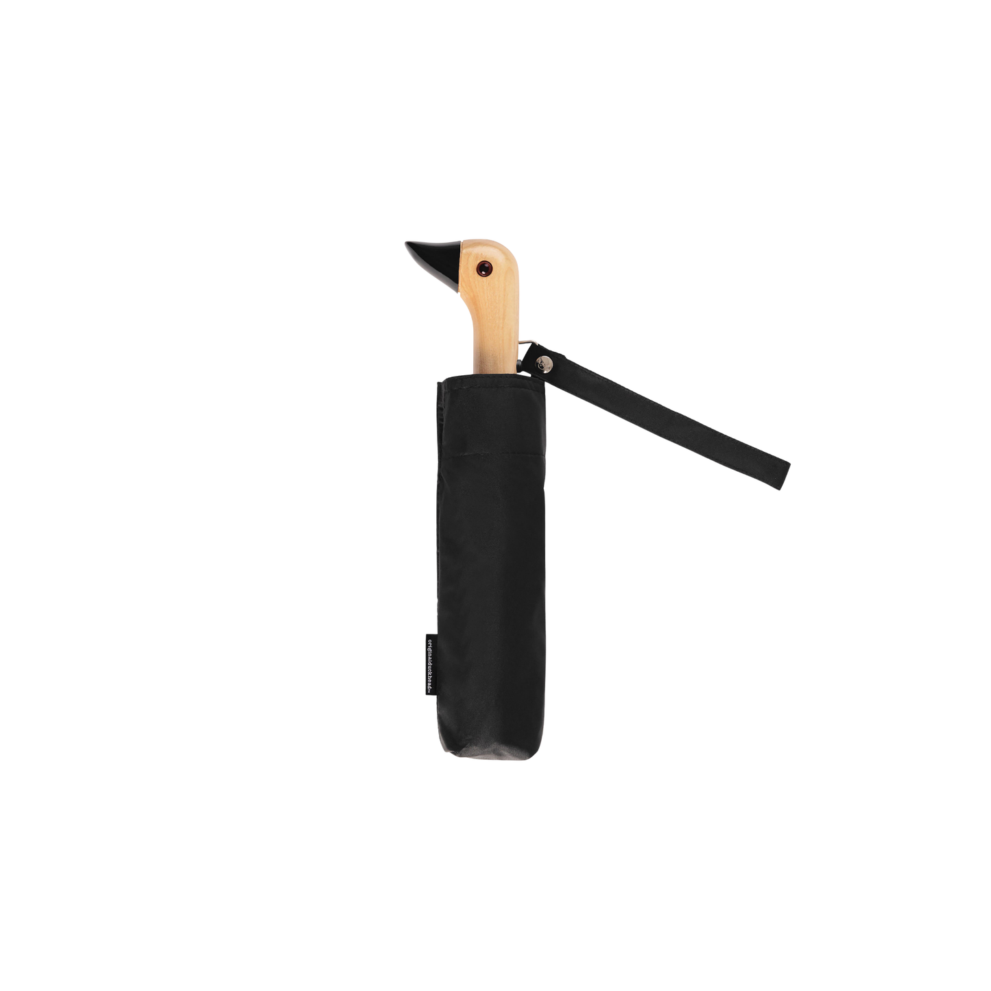 Folded inside its pouch, the Original Duckhead Duck Umbrella Compact Black from 100% recycled plastic bottles and robust to keep you dry, it fits into any backpack or tote bag, it is wind resistant, has automatic open button and high-strength steel frame. For everyday use no matter the weather.