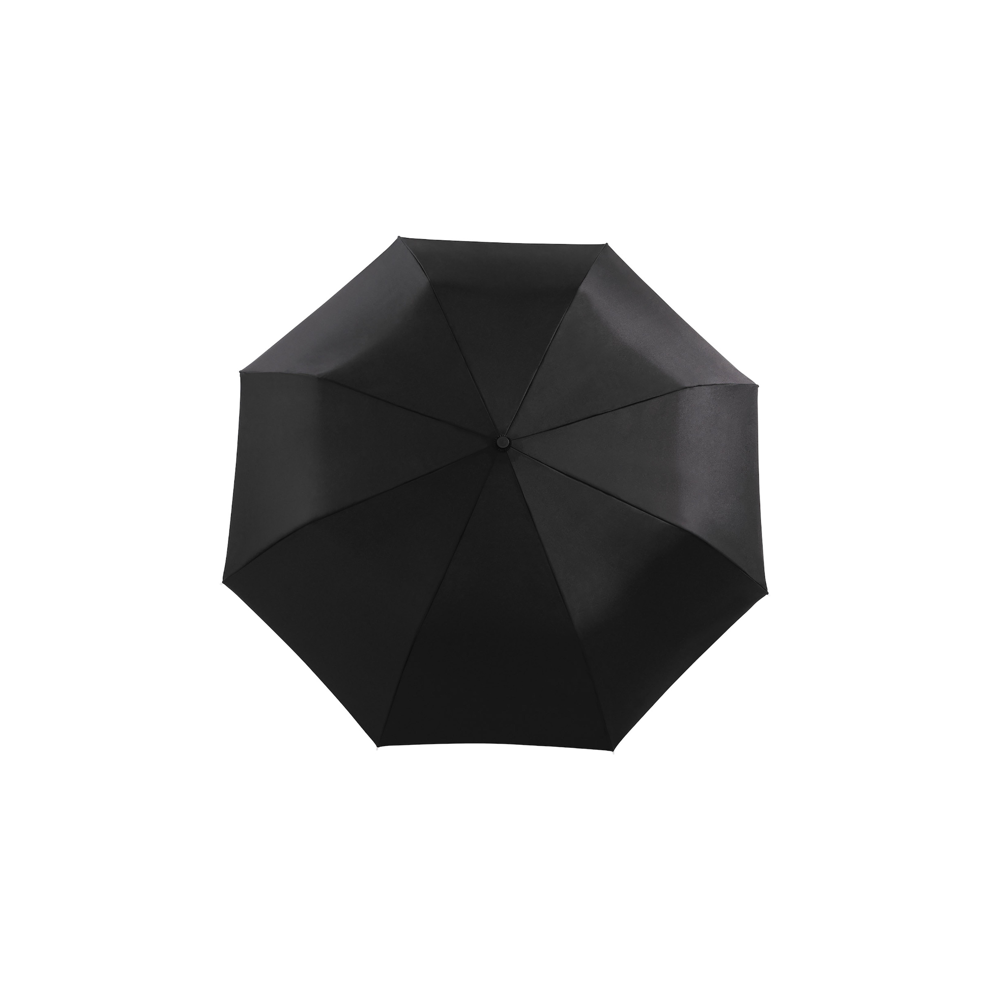 Top view of the Original Duckhead Duck Umbrella Compact Black from 100% recycled plastic bottles and robust to keep you dry, it fits into any backpack or tote bag, it is wind resistant, has automatic open button and high-strength steel frame. For everyday use no matter the weather.