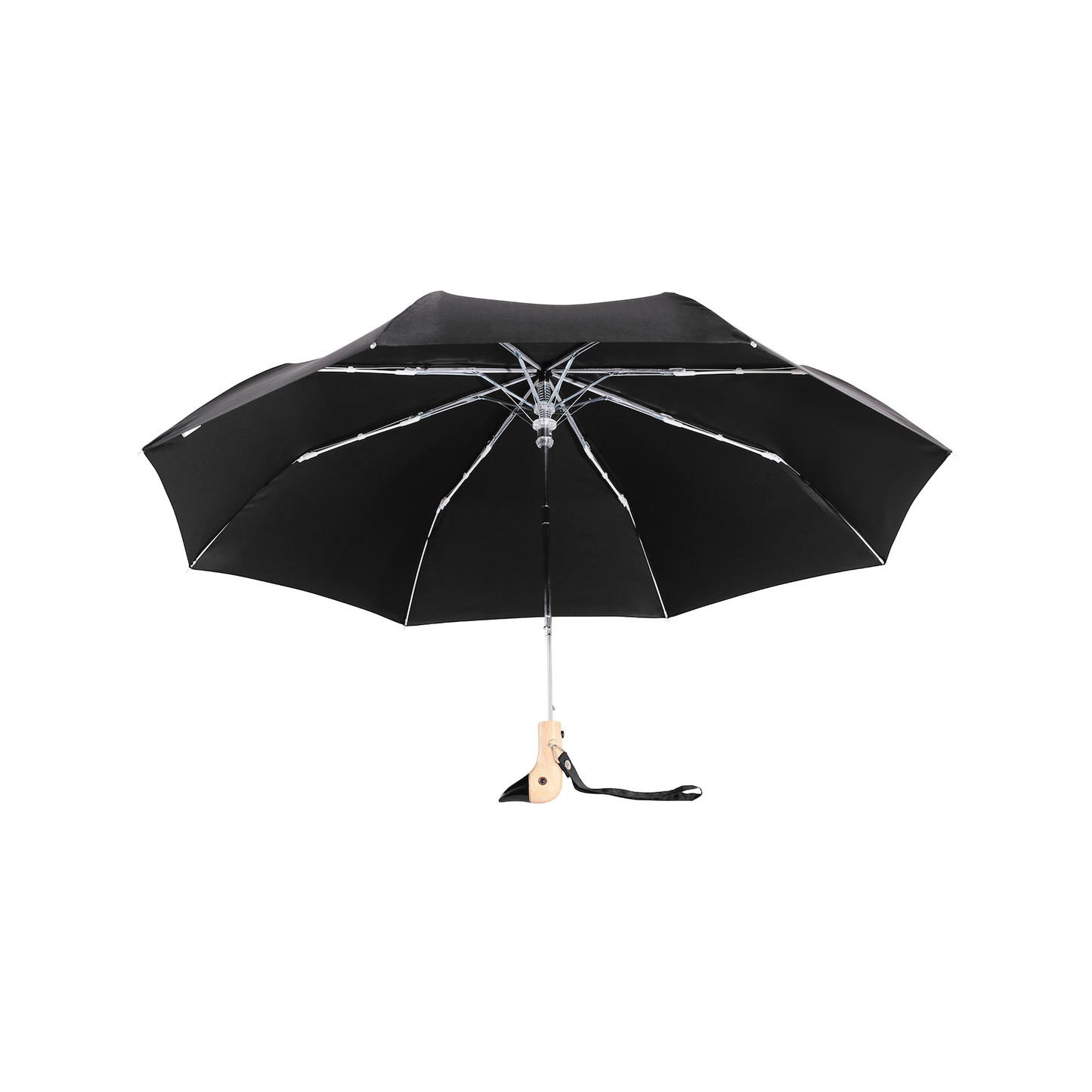 Open view of the Original Duckhead Duck Umbrella Compact Black from 100% recycled plastic bottles and robust to keep you dry, it fits into any backpack or tote bag, it is wind resistant, has automatic open button and high-strength steel frame. For everyday use no matter the weather.