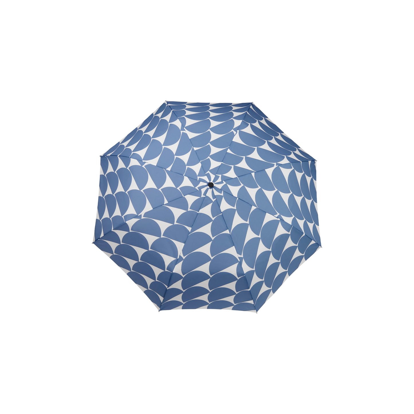 Top view of the Folded inside its pouch, the Original Duckhead Duck Umbrella Compact Denim Moon from 100% recycled plastic bottles and robust to keep you dry, it fits into any backpack or tote bag, it is wind resistant, has automatic open button and high-strength steel frame. For everyday use no matter the weather.