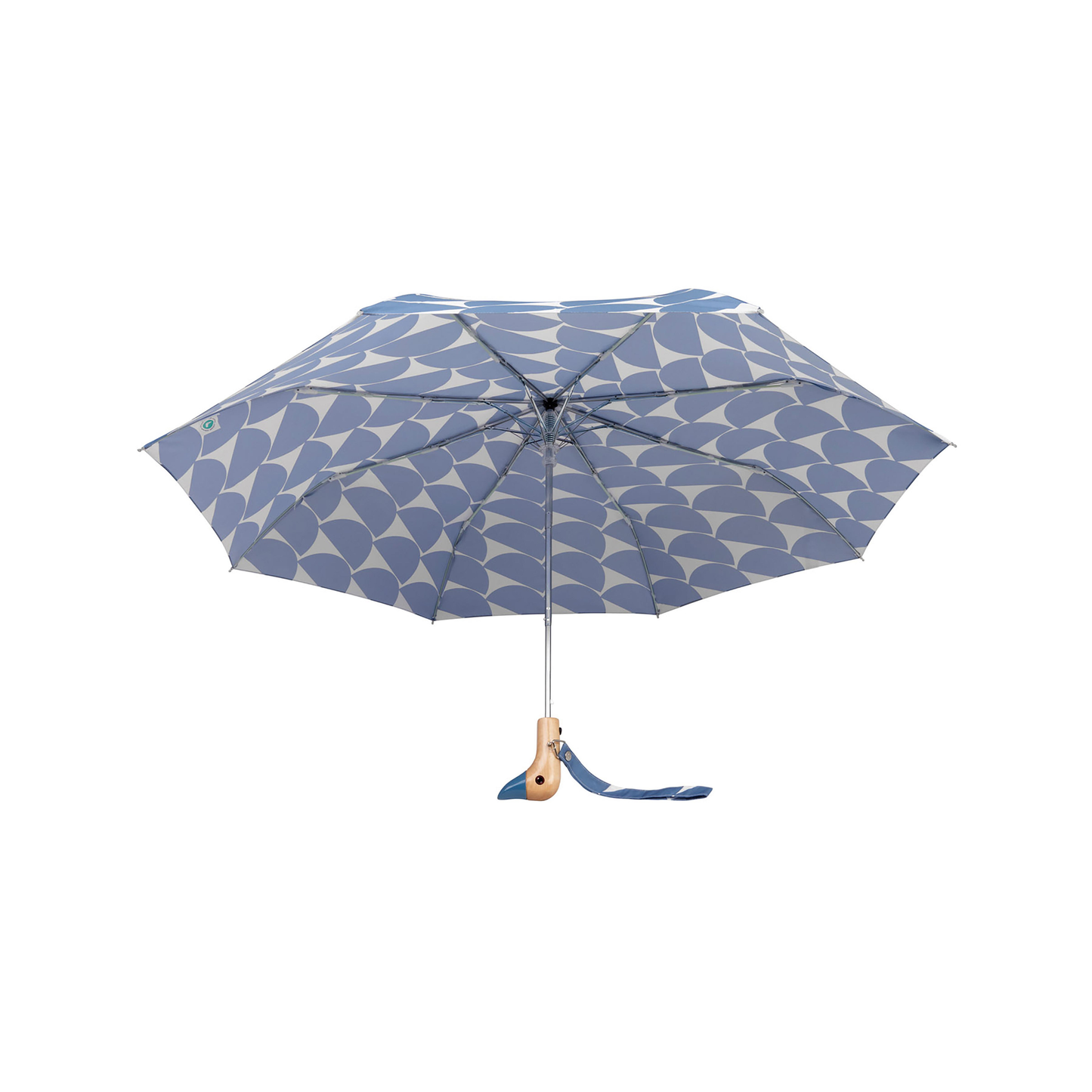 Open view of the Original Duckhead Duck Umbrella Compact Denim Moon from 100% recycled plastic bottles and robust to keep you dry, it fits into any backpack or tote bag, it is wind resistant, has automatic open button and high-strength steel frame. For everyday use no matter the weather.