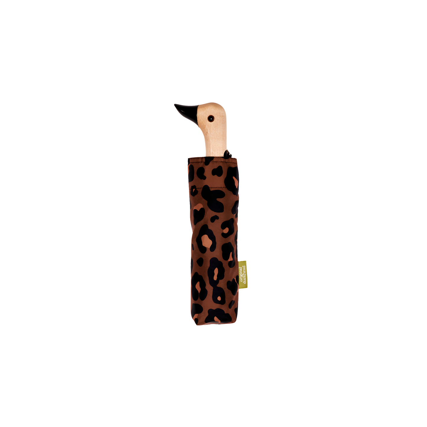 Kept inside its pouch showing the duckhead from Original Duckhead Duck Umbrella Compact Leopard timeless animal print design from sustainable materials.