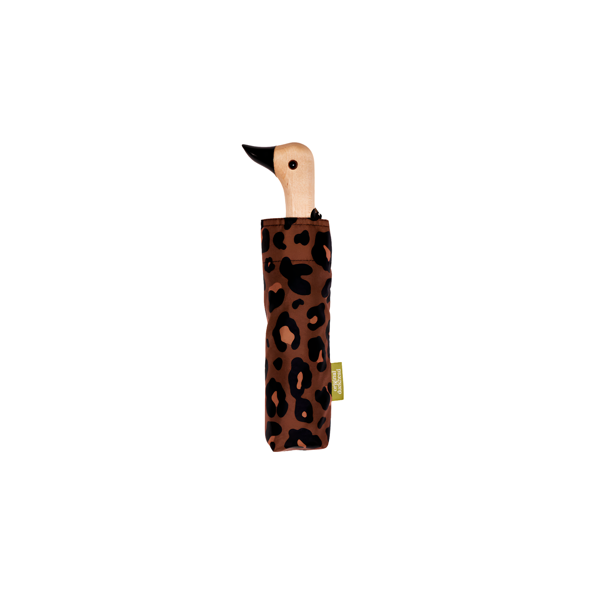 Kept inside its pouch showing the duckhead from Original Duckhead Duck Umbrella Compact Leopard timeless animal print design from sustainable materials.