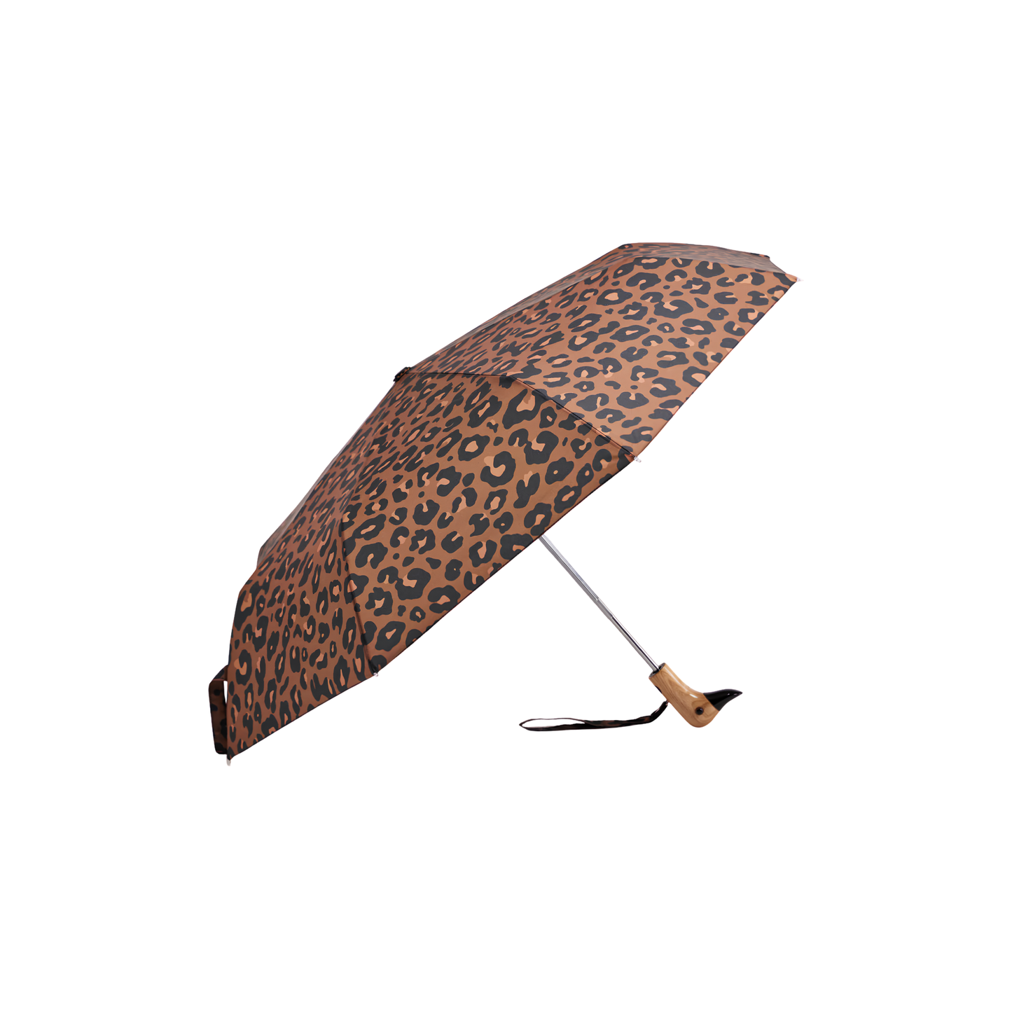 Side view of the Original Duckhead Duck Umbrella Compact Leopard timeless animal print design from sustainable materials.