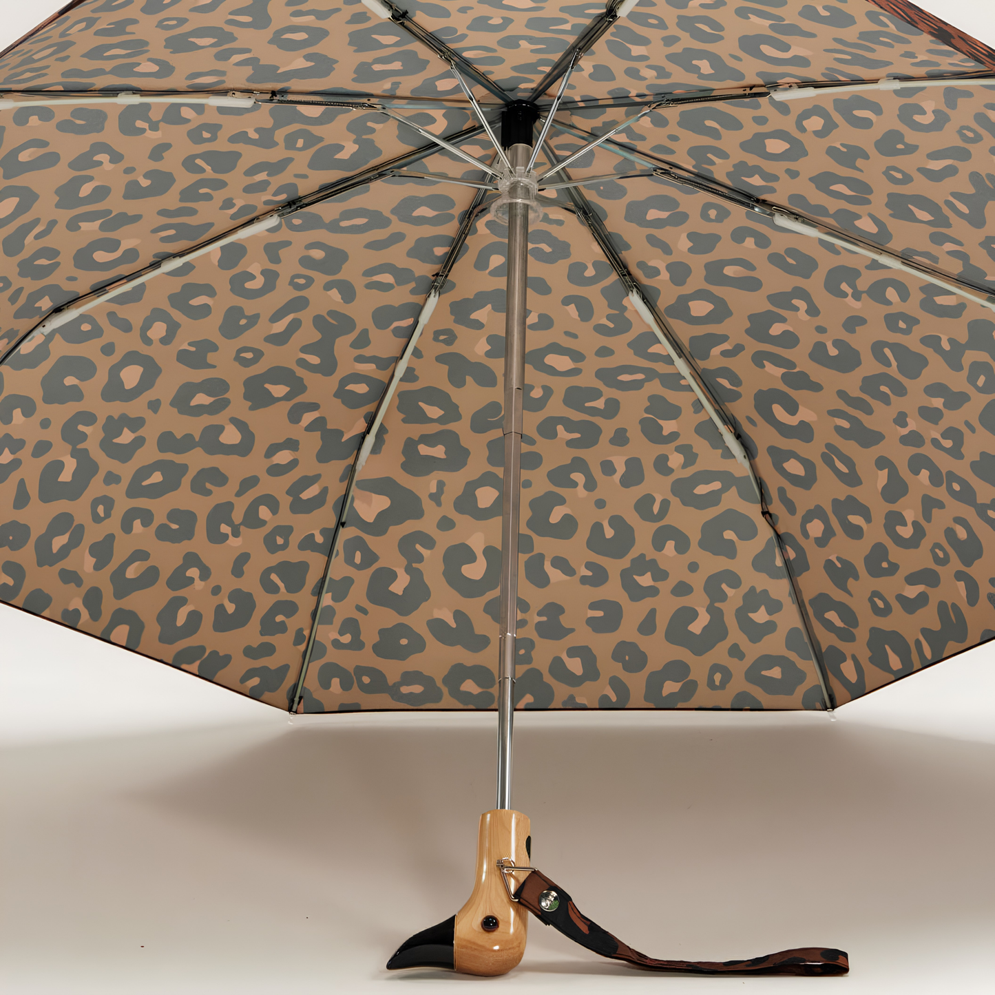 Open inside view of the Original Duckhead Duck Umbrella Compact Leopard timeless animal print design from sustainable materials.