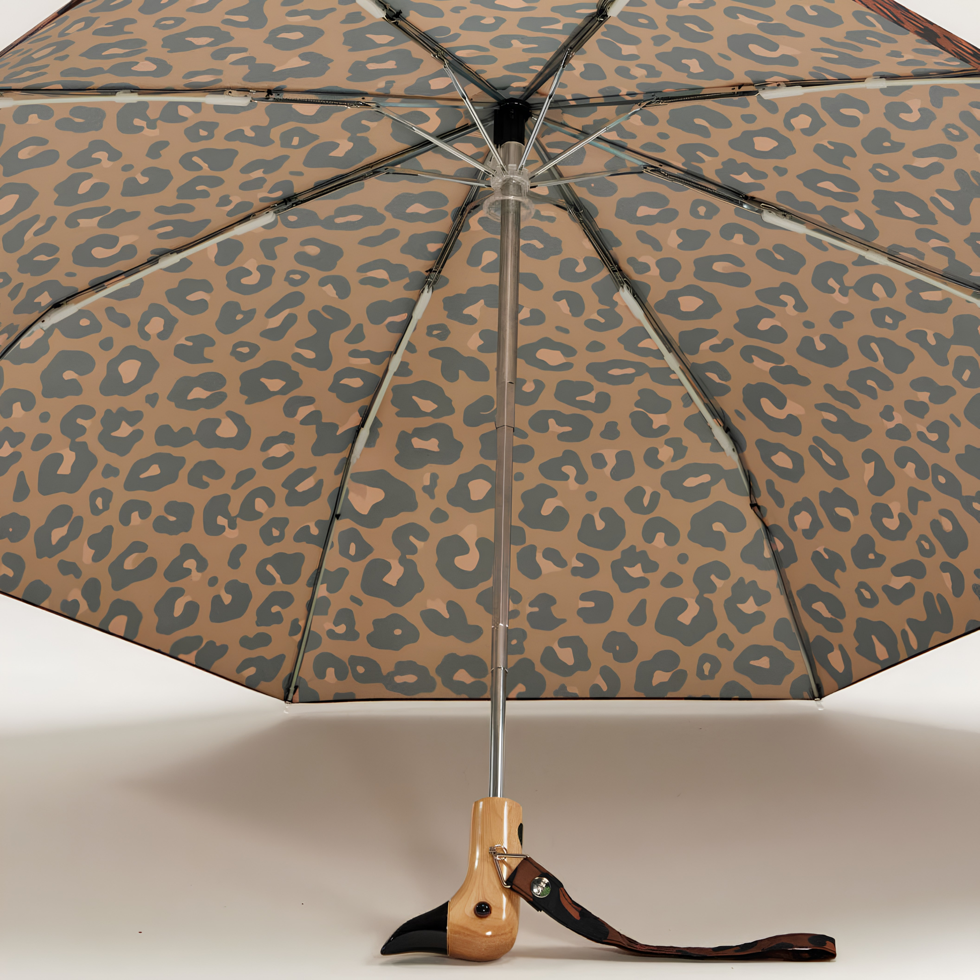 Open inside view of the Original Duckhead Duck Umbrella Compact Leopard timeless animal print design from sustainable materials.
