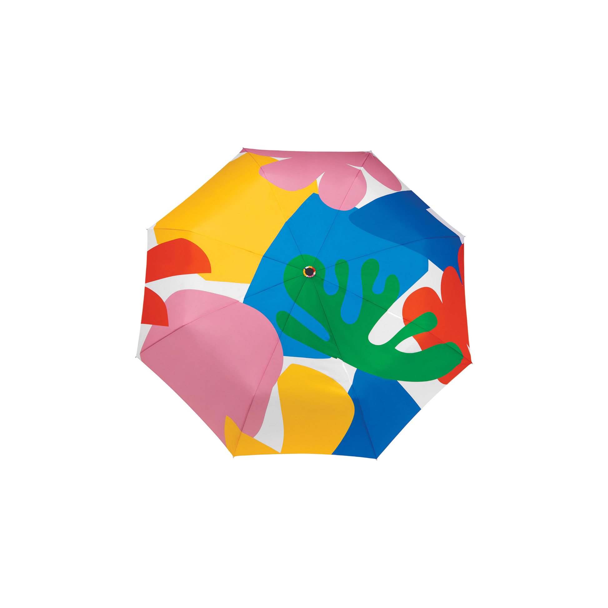 Top view of the Original Duckhead Duck Umbrella Compact Matisse Print from 100% recycled plastic bottles and robust to keep you dry, it fits into any backpack or tote bag, it is wind resistant, has automatic open button and high-strength steel frame. For everyday use no matter the weather.